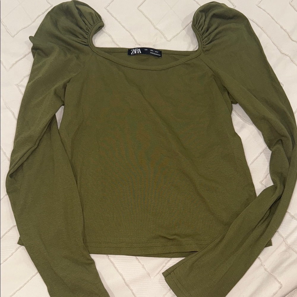 Zara Green Puff Sleeve Ruched Crop Top